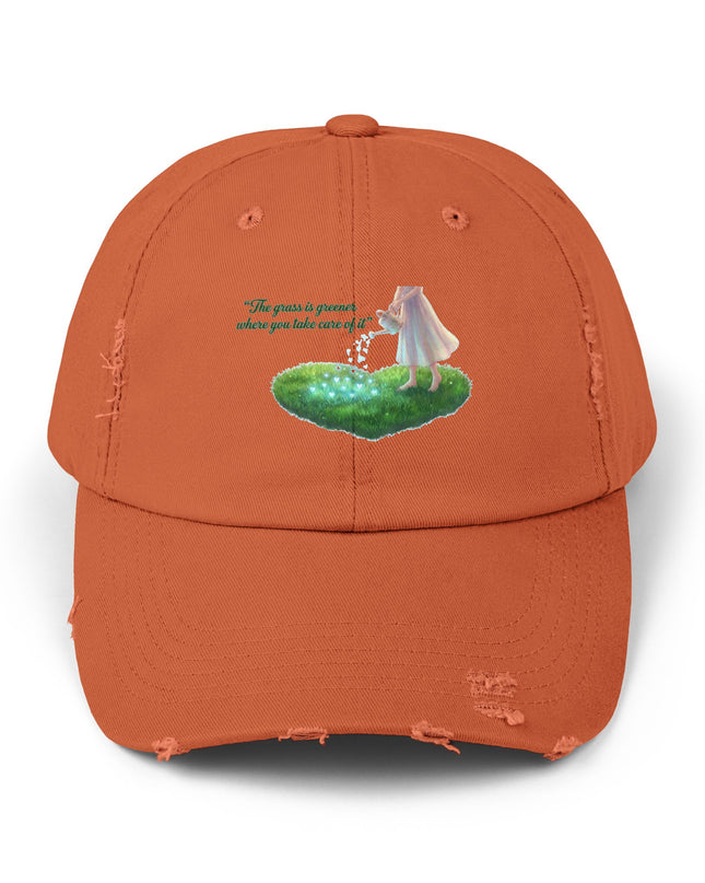 "The Grass is Greener Where You Take Care of It" Unisex Distressed Cap