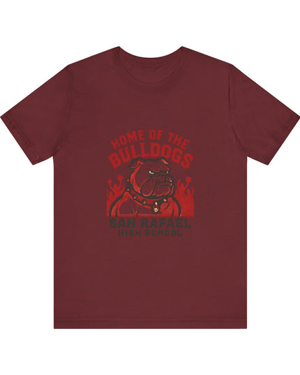 "Home of the Bulldogs - San Rafael High School (Students cheering on bulldog)" Unisex Jersey Short Sleeve Tee