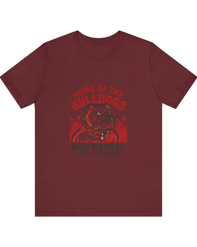 "Home of the Bulldogs - San Rafael High School (Students cheering on bulldog)" Unisex Jersey Short Sleeve Tee