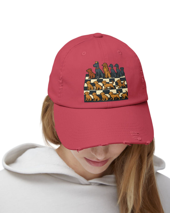 "Chess board with dog pieces" Unisex Distressed Cap