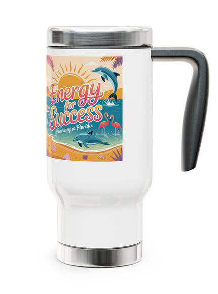 "February in Florida, Energy for Success" Stainless Steel Travel Mug with Handle, 14oz