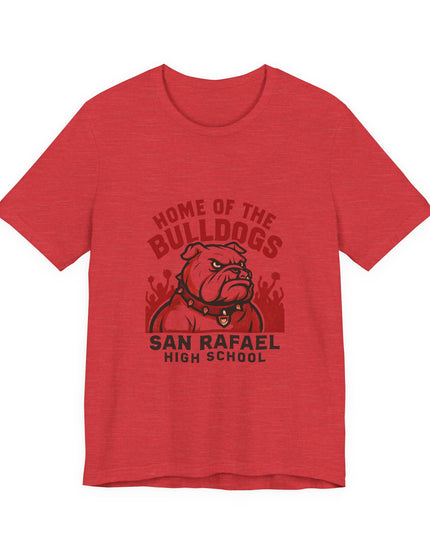 "Home of the Bulldogs - San Rafael High School (Students cheering on bulldog)" Unisex Jersey Short Sleeve Tee