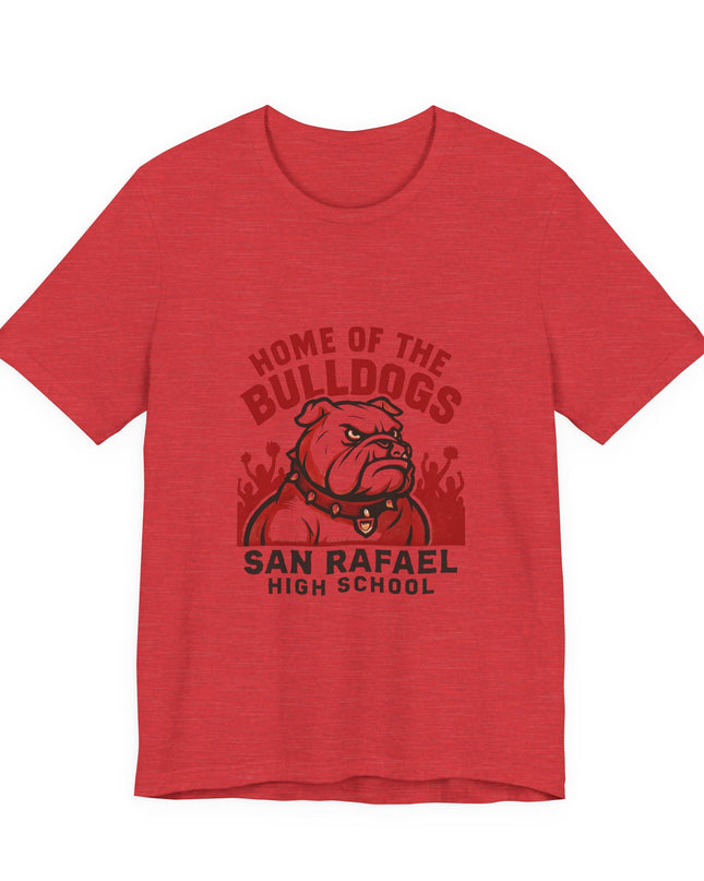 "Home of the Bulldogs - San Rafael High School (Students cheering on bulldog)" Unisex Jersey Short Sleeve Tee