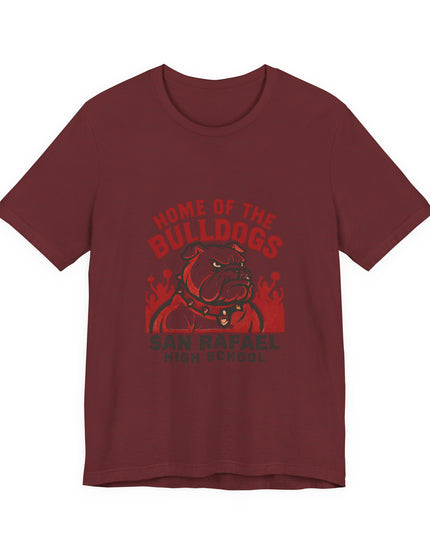 "Home of the Bulldogs - San Rafael High School (Students cheering on bulldog)" Unisex Jersey Short Sleeve Tee