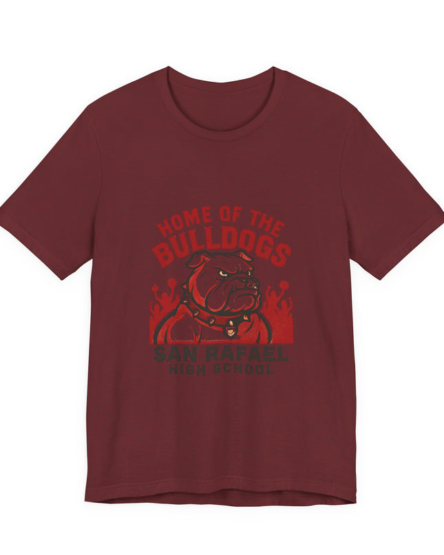 "Home of the Bulldogs - San Rafael High School (Students cheering on bulldog)" Unisex Jersey Short Sleeve Tee