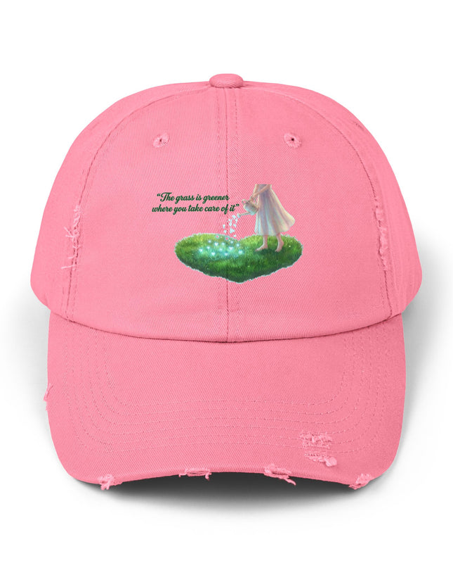 "The Grass is Greener Where You Take Care of It" Unisex Distressed Cap