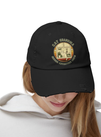 "Cat Grandma Indoor Adventure Crew" Unisex Distressed Cap