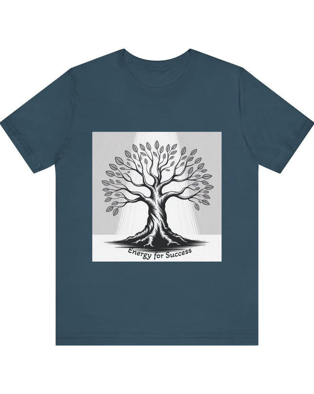 "Energy for Success" with a black and white drawing of a tree, Unisex Jersey Short Sleeve Tee