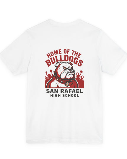 "Home of the Bulldogs - San Rafael High School (Students cheering on bulldog)" Unisex Jersey Short Sleeve Tee