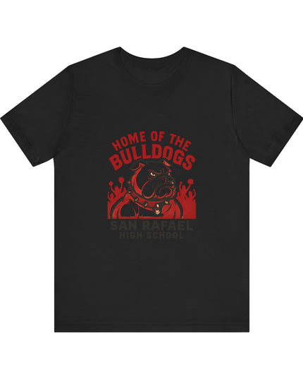 "Home of the Bulldogs - San Rafael High School (Students cheering on bulldog)" Unisex Jersey Short Sleeve Tee