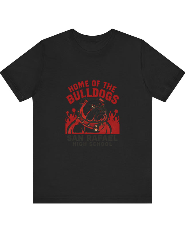 "Home of the Bulldogs - San Rafael High School (Students cheering on bulldog)" Unisex Jersey Short Sleeve Tee