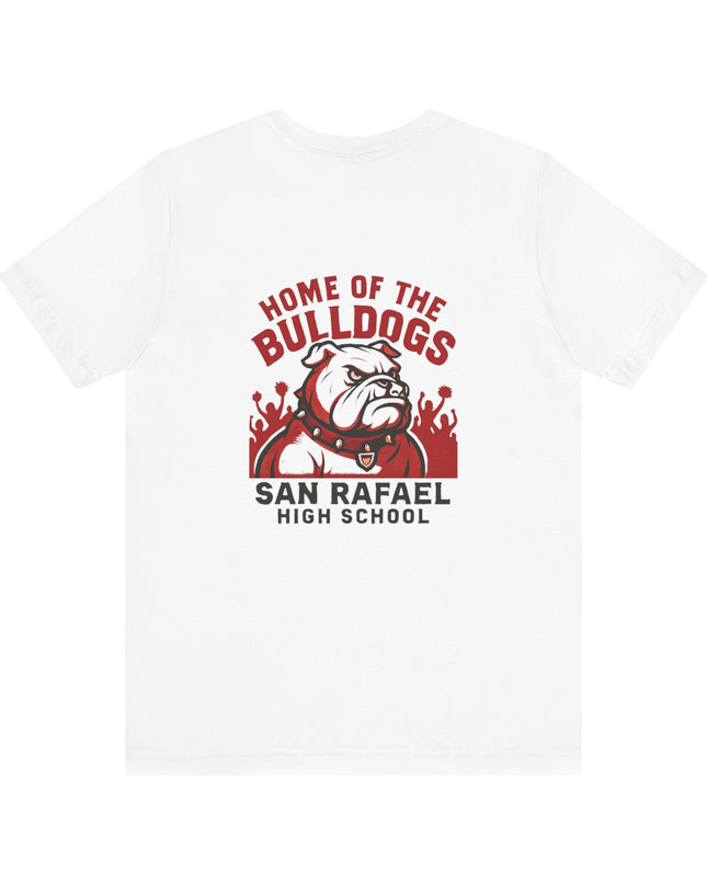 "Home of the Bulldogs - San Rafael High School (Students cheering on bulldog)" Unisex Jersey Short Sleeve Tee