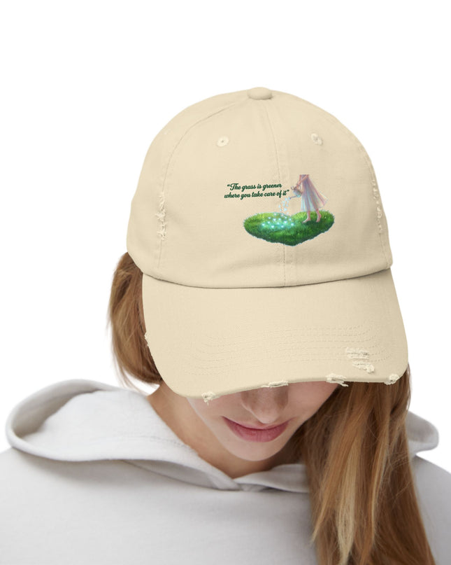 "The Grass is Greener Where You Take Care of It" Unisex Distressed Cap