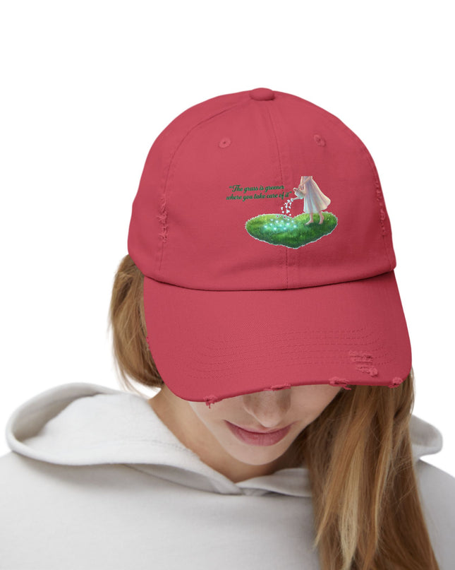 "The Grass is Greener Where You Take Care of It" Unisex Distressed Cap
