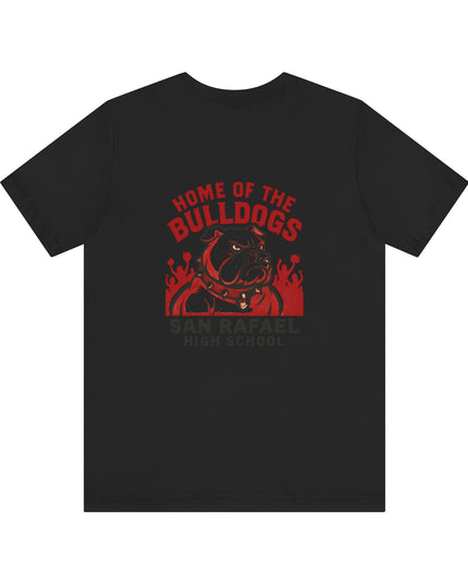 "Home of the Bulldogs - San Rafael High School (Students cheering on bulldog)" Unisex Jersey Short Sleeve Tee