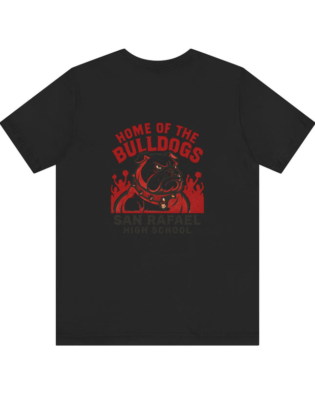 "Home of the Bulldogs - San Rafael High School (Students cheering on bulldog)" Unisex Jersey Short Sleeve Tee
