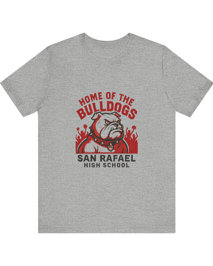 "Home of the Bulldogs - San Rafael High School (Students cheering on bulldog)" Unisex Jersey Short Sleeve Tee