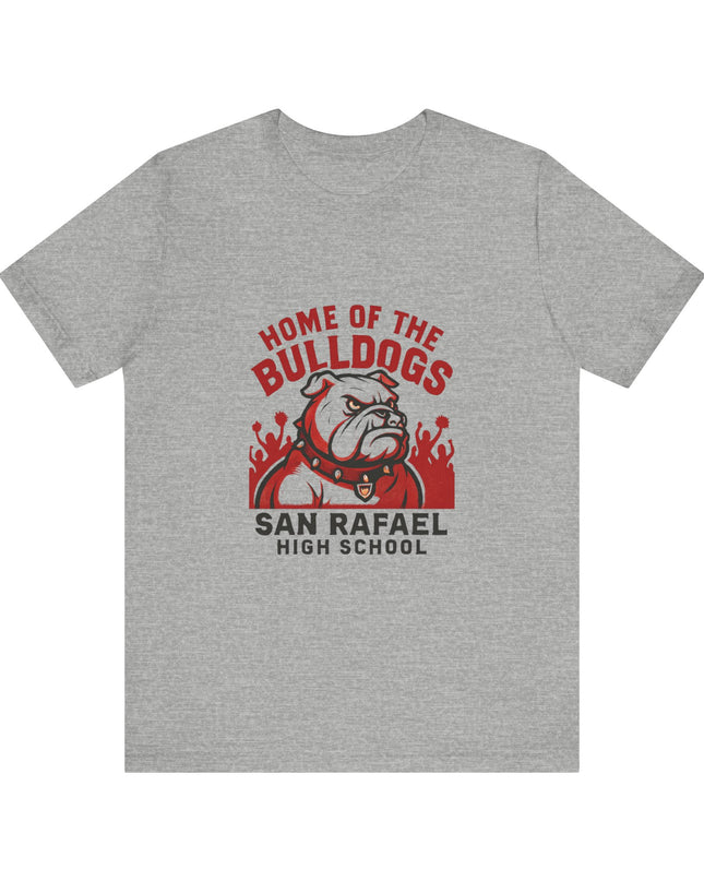 "Home of the Bulldogs - San Rafael High School (Students cheering on bulldog)" Unisex Jersey Short Sleeve Tee
