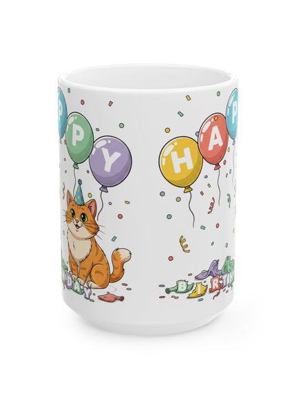 "Happy Birthday - Cat Popped the Balloons" Ceramic Mug, (11oz, 15oz)