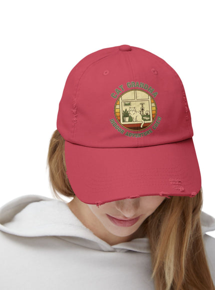 "Cat Grandma Indoor Adventure Crew" Unisex Distressed Cap