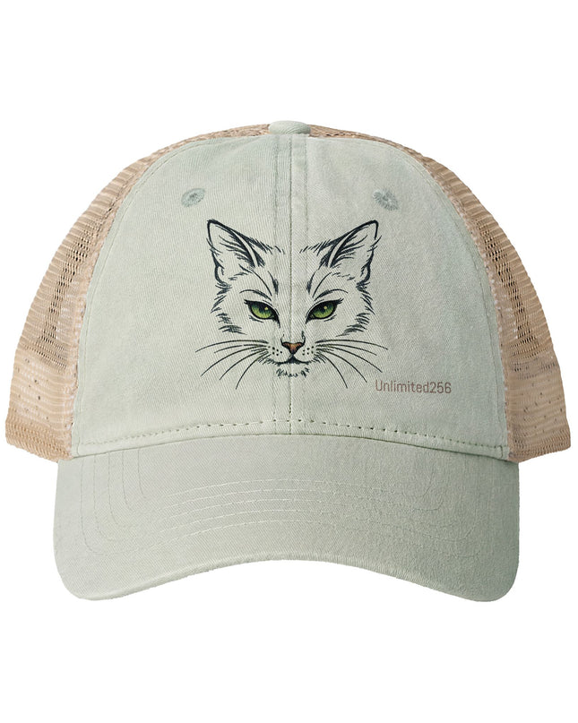 "Cat Sketch Face" Women's Washed Mesh-Back Cap