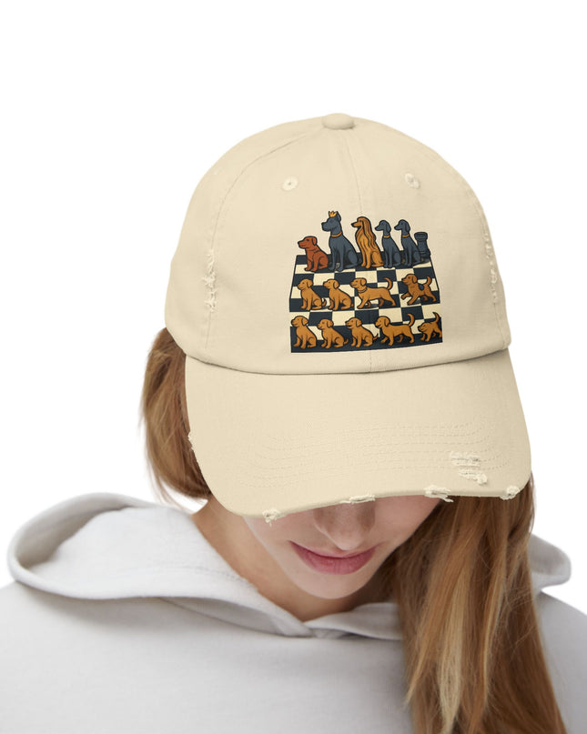 "Chess board with dog pieces" Unisex Distressed Cap