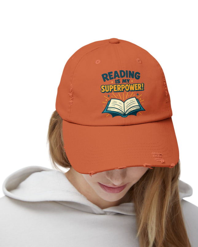 "Reading is my superpower" Unisex Distressed Cap