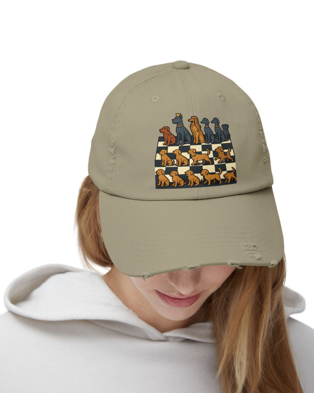 "Chess board with dog pieces" Unisex Distressed Cap