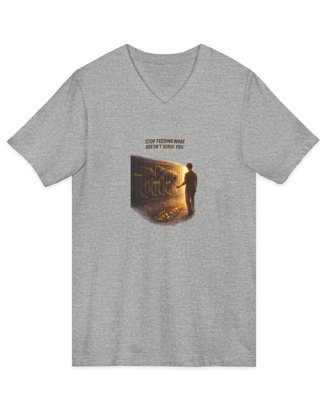 "Stop Feeding What Doesn't Serve You" Unisex Jersey Short Sleeve V-Neck Tee