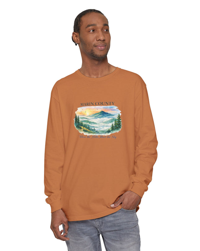 "Marin County, Where the Hills Meet the Sky" Unisex Garment-dyed Long Sleeve T-Shirt