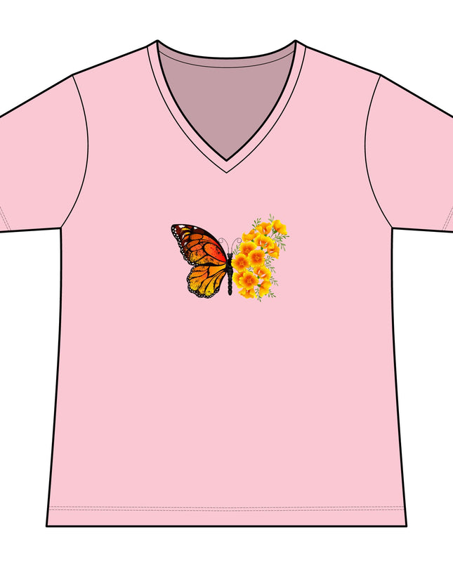 "Butterfly Poppies" Women's Relaxed Jersey Short Sleeve V-Neck Tee