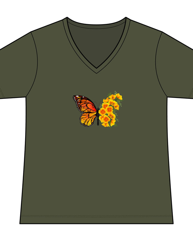"Butterfly Poppies" Women's Relaxed Jersey Short Sleeve V-Neck Tee
