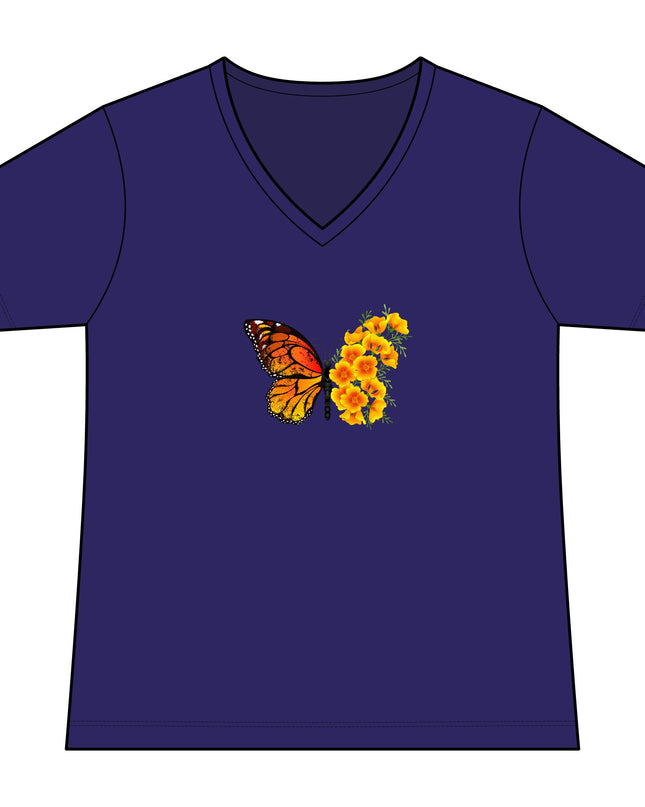 "Butterfly Poppies" Women's Relaxed Jersey Short Sleeve V-Neck Tee
