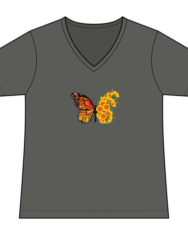 "Butterfly Poppies" Women's Relaxed Jersey Short Sleeve V-Neck Tee