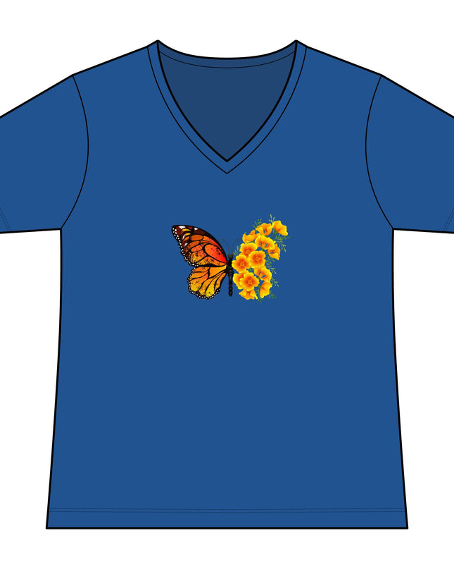 "Butterfly Poppies" Women's Relaxed Jersey Short Sleeve V-Neck Tee