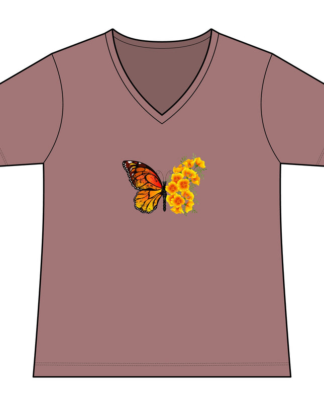 "Butterfly Poppies" Women's Relaxed Jersey Short Sleeve V-Neck Tee