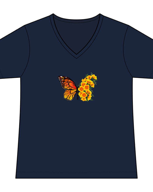 "Butterfly Poppies" Women's Relaxed Jersey Short Sleeve V-Neck Tee