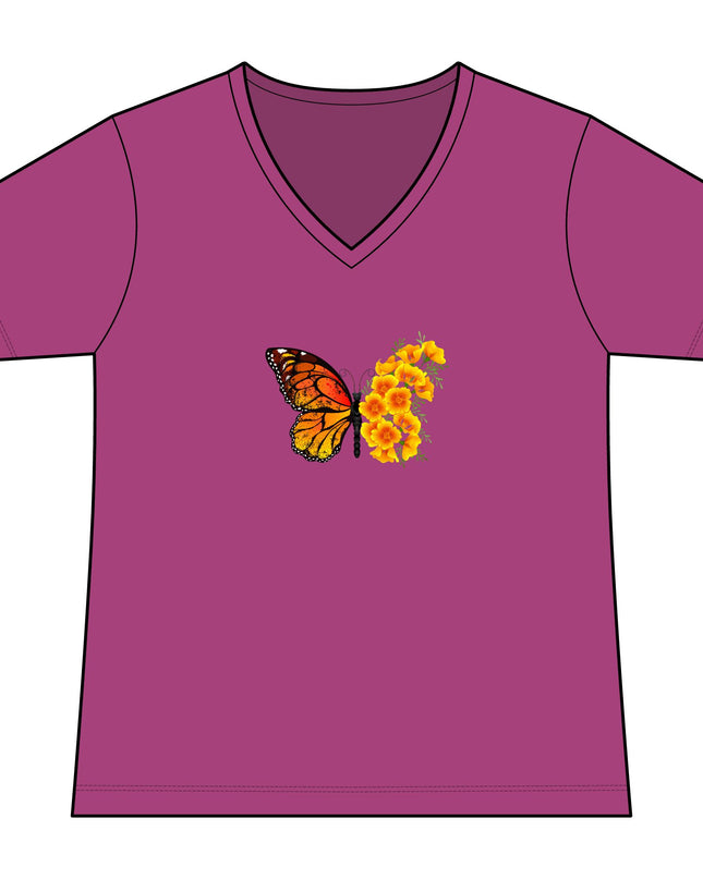 "Butterfly Poppies" Women's Relaxed Jersey Short Sleeve V-Neck Tee