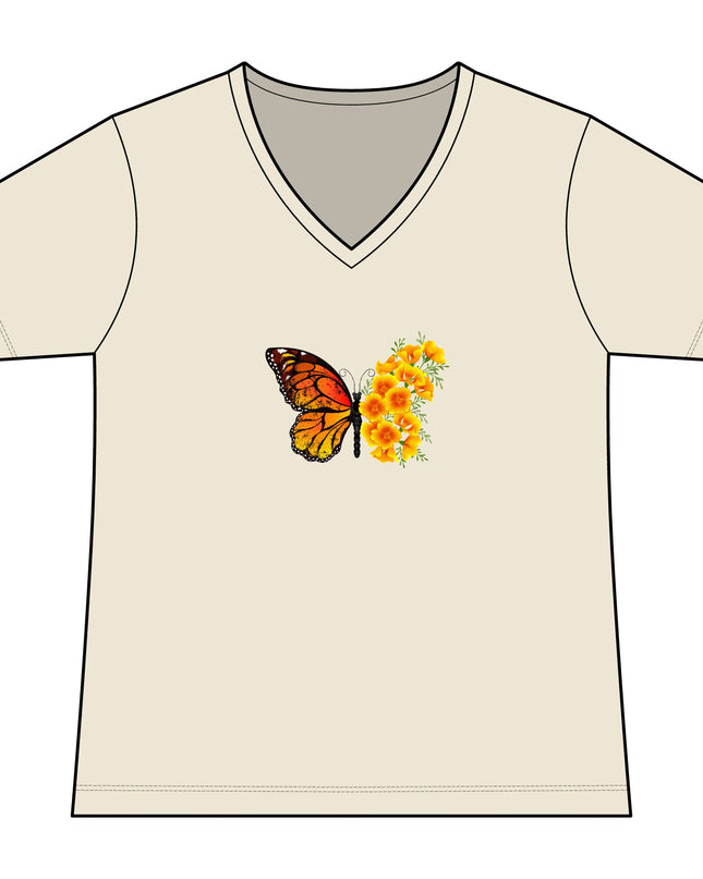 "Butterfly Poppies" Women's Relaxed Jersey Short Sleeve V-Neck Tee