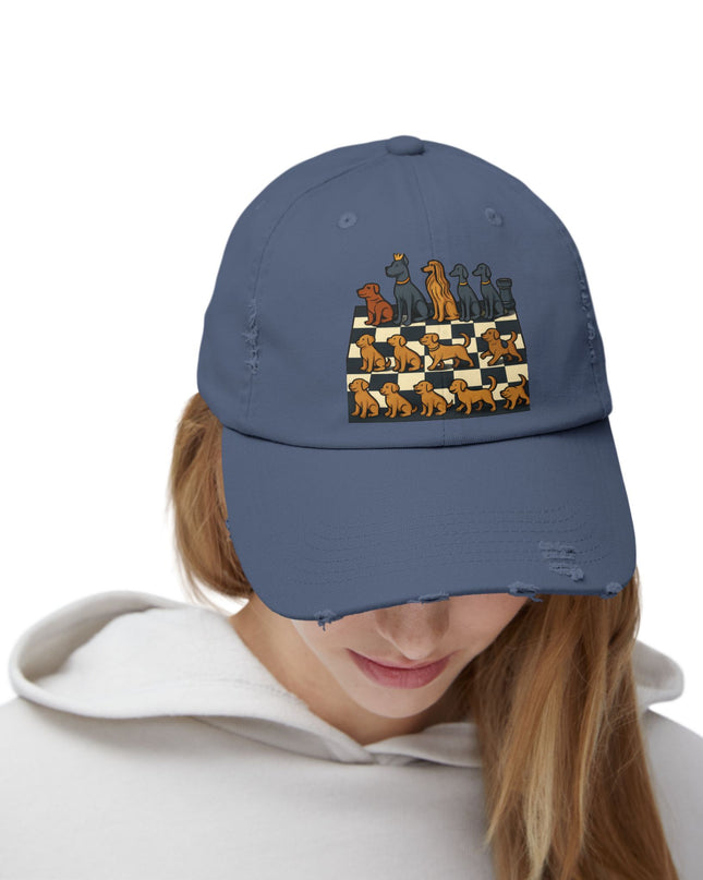 "Chess board with dog pieces" Unisex Distressed Cap