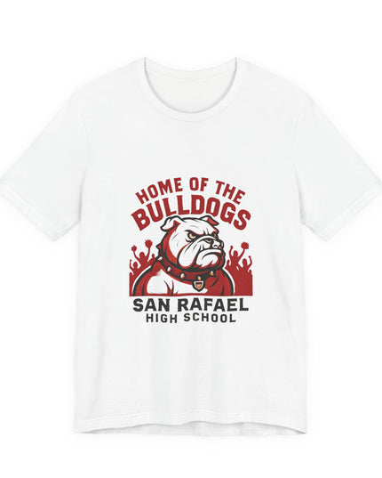 "Home of the Bulldogs - San Rafael High School (Students cheering on bulldog)" Unisex Jersey Short Sleeve Tee