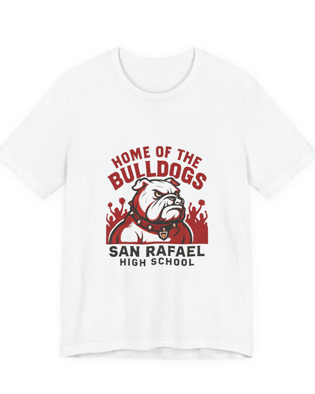 "Home of the Bulldogs - San Rafael High School (Students cheering on bulldog)" Unisex Jersey Short Sleeve Tee