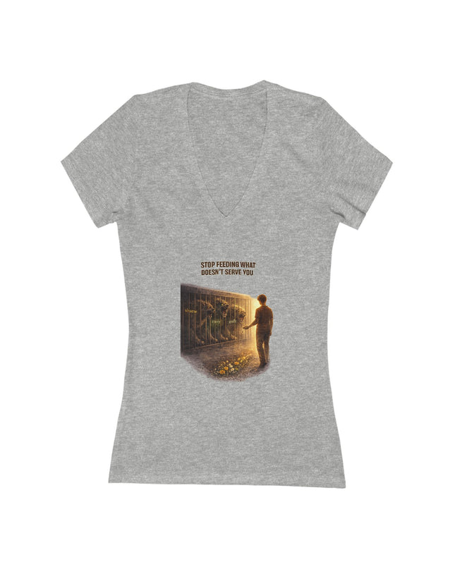 "Stop Feeding What Doesn't Serve You" Women's Jersey Short Sleeve Deep V-Neck Tee