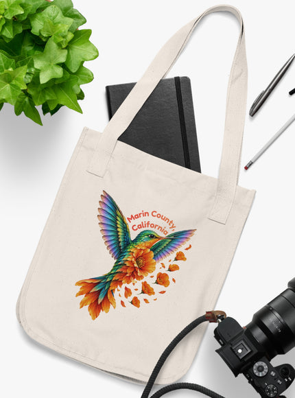 "Hummingbird and Poppies" Organic Canvas Tote Bag
