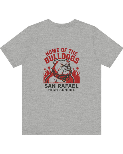 "Home of the Bulldogs - San Rafael High School (Students cheering on bulldog)" Unisex Jersey Short Sleeve Tee