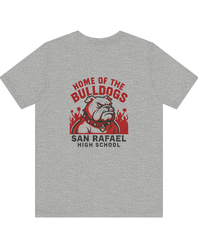 "Home of the Bulldogs - San Rafael High School (Students cheering on bulldog)" Unisex Jersey Short Sleeve Tee