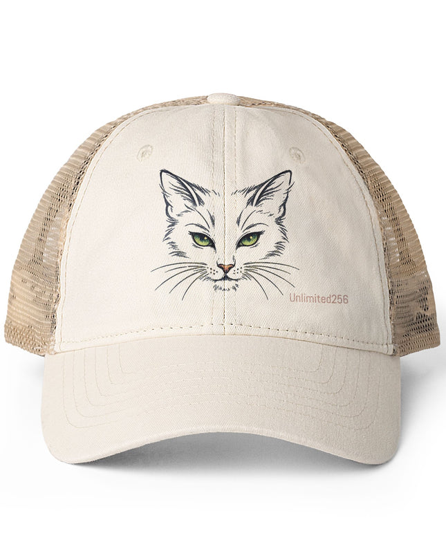 "Cat Sketch Face" Women's Washed Mesh-Back Cap