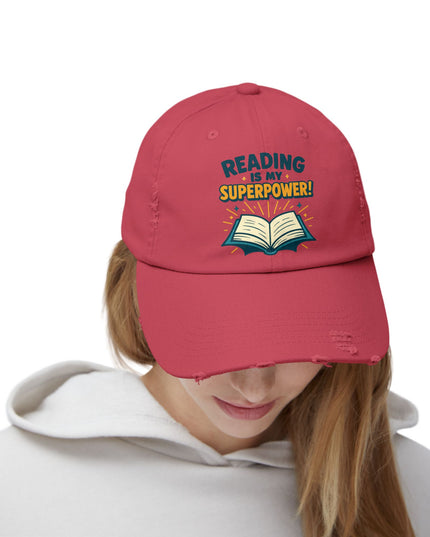 "Reading is my superpower" Unisex Distressed Cap