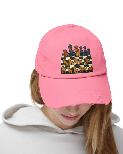 "Chess board with dog pieces" Unisex Distressed Cap