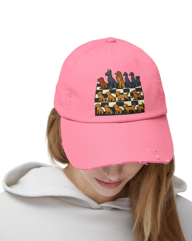 "Chess board with dog pieces" Unisex Distressed Cap